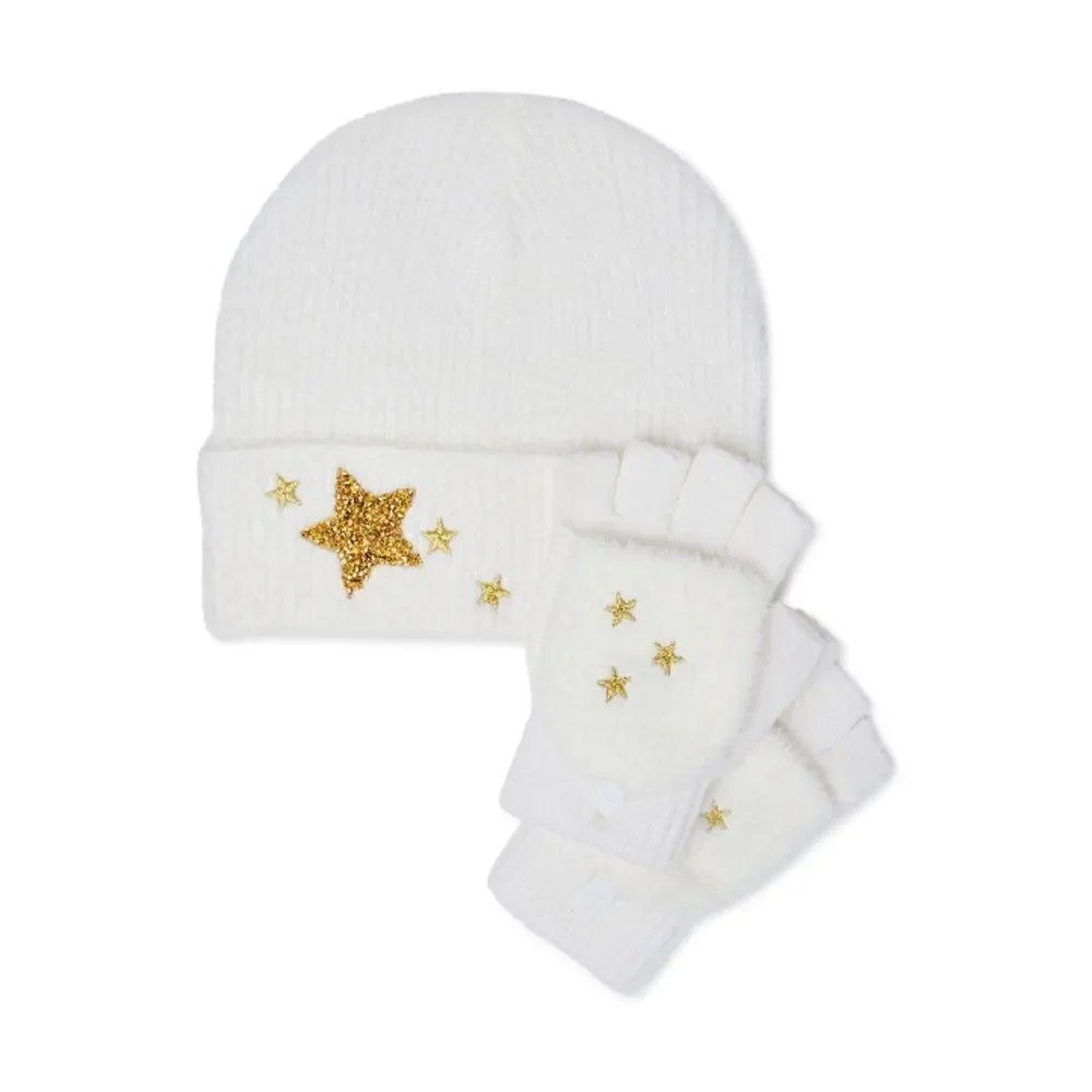 Girls Starry Night Winter Cozy Faux Fur Hat & Gloves 2-Piece Set